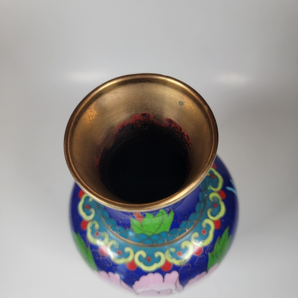 Vintage Antique Chinese Cloisonne Enamel on Brass Blue Vase‎ Flower - Picture 3 of 10